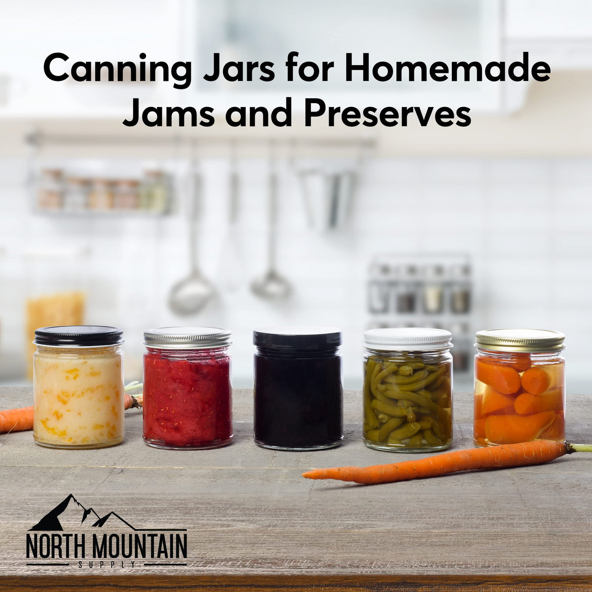 North Mountain Supply 9 Ounce Clear Glass Straight Sided Mason Canning Jars - with 70mm Black Metal Lids - Case of 12