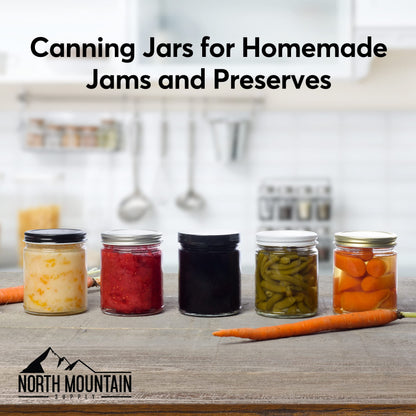 North Mountain Supply 9 Ounce Clear Glass Straight Sided Mason Canning Jars - with 70mm Black Metal Lids - Case of 12