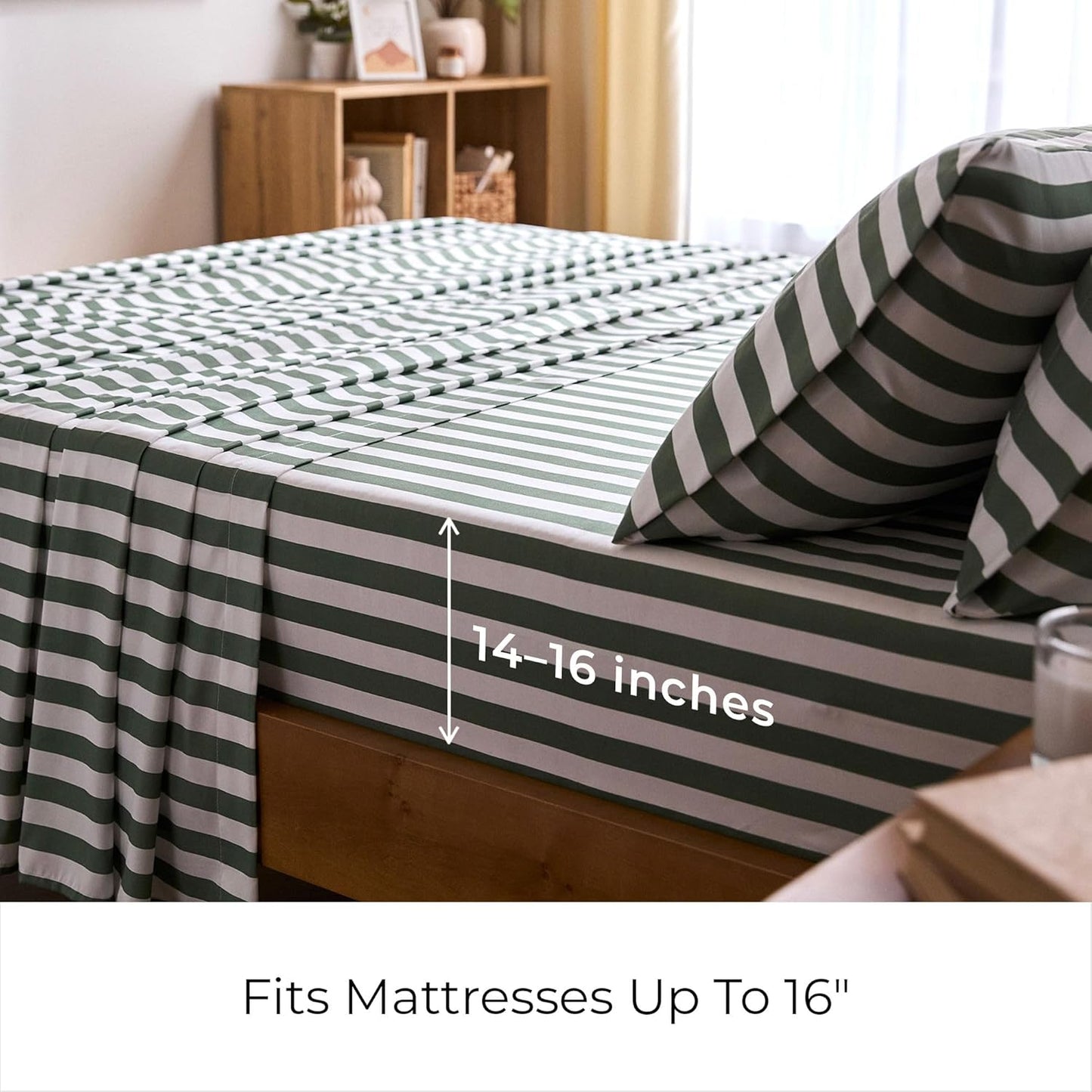 Mellanni Queen Sheets Set - 4 PC Luxury Bedding Collection - Extra Soft, Cooling, Wrinkle-Resistant (Queen, Oxford Stripe Sage)