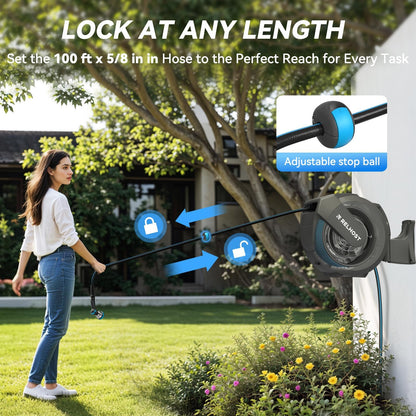 Relhost Retractable Garden Hose Reel, 5/8 in x 100 ft Wall Mount Heavy Duty Hose Reel with Any-Length Lock, Auto Rewind System, 180° Swivel Bracket, and 10-Pattern Nozzle for Garden, Dark Grey
