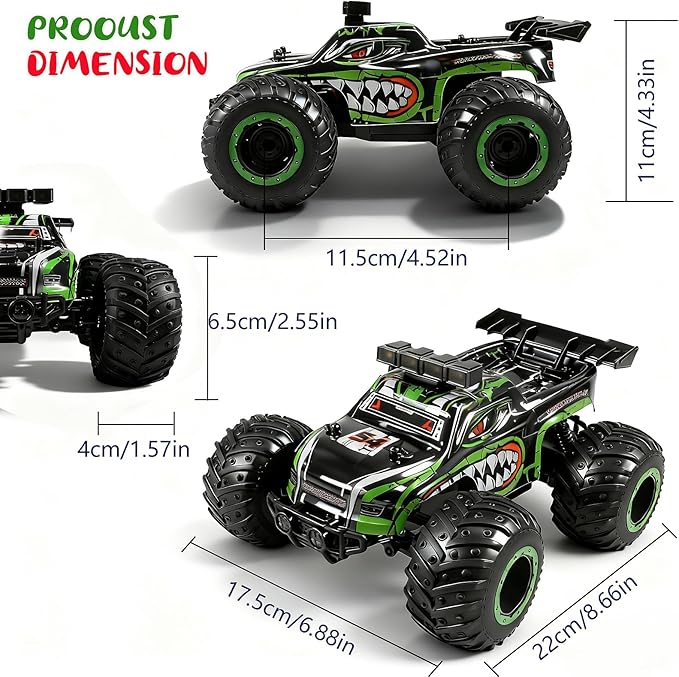 Remote Control Monster Truck for Kids: Off-Road RC Car with Headlights &amp Body Lights 1:18 20 km/h 2WD 2.4 GHz All-Terrain Rechargeable High-Speed - Birthday for Boys Ages 4-12