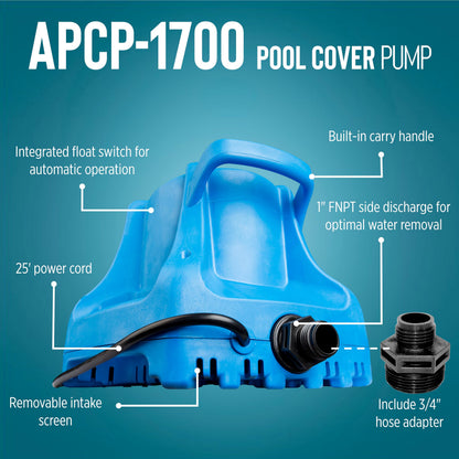 Little Giant APCP-1700 115-Volt, 1/3 HP, 1745 GPH, Automatic, Submersible, Swimming Pool Cover Pump with 25-Ft. Cord, Light Blue, 577301