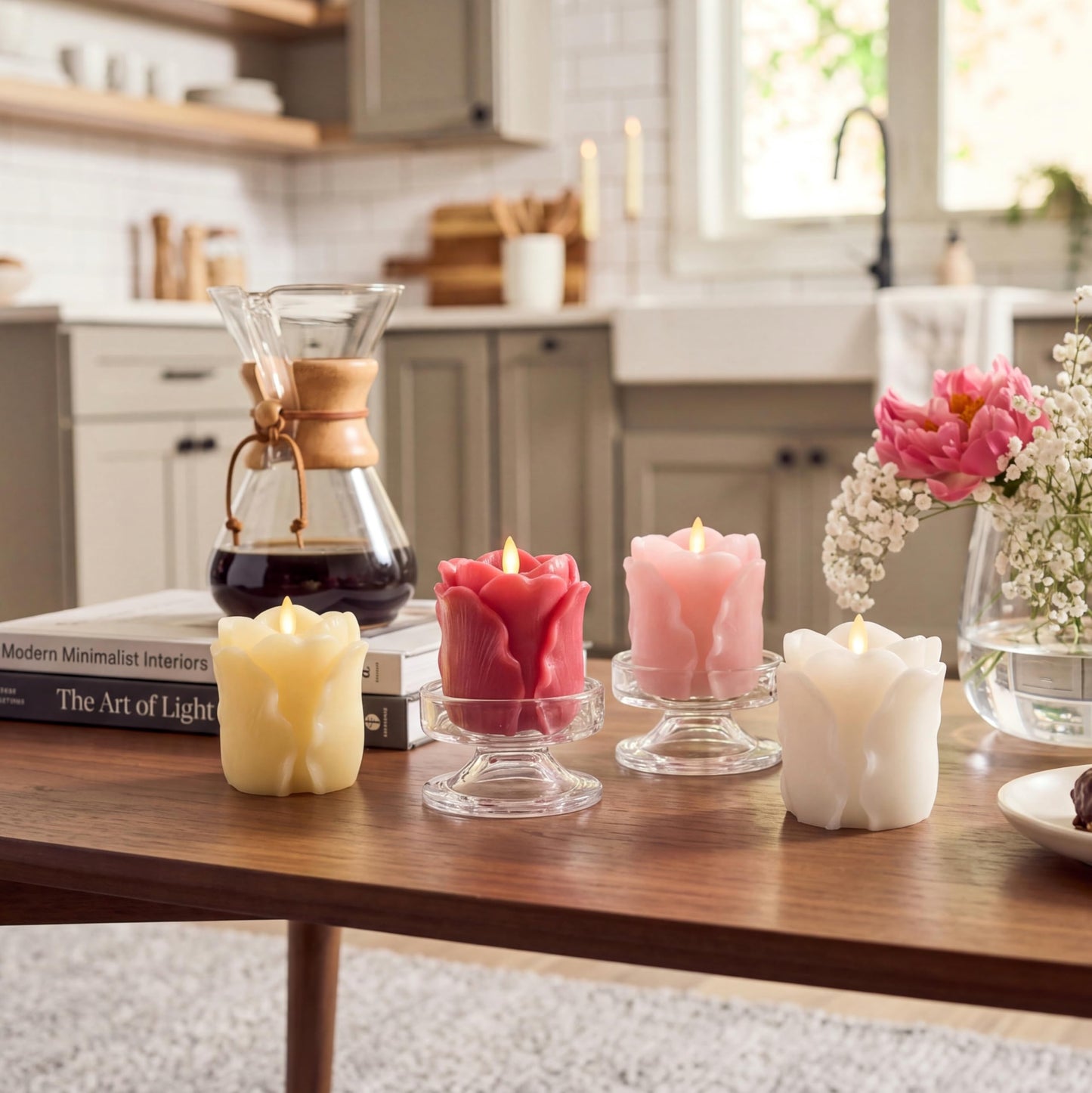 Luminara Snow White Rose Flameless Candle - 3.6" x 4.3" Rosebud Pillar - Real Flame Technology w/Flickering LED Light - Perfect for Mother's Day