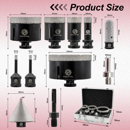 Diamond Core Drill Bit Set - FOCSTOL 11pcs (6/6/19/35/51/76/102mm+20mm Finger Milling Bit+50mm Beveling Chamfer Bit+Hex+SDS) Diamond Hole Saw Kit for Porcelain Ceramic Tile Marble Granite