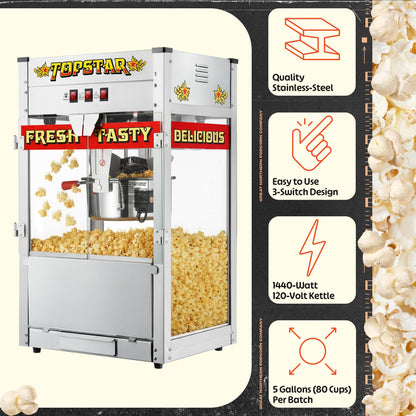 Top Star Popcorn Machine - 12oz Stainless-Steel Kettle, Reject Kernel Tray, Warming Light, and Accessories by Great Northern Popcorn (Red and Yellow)
