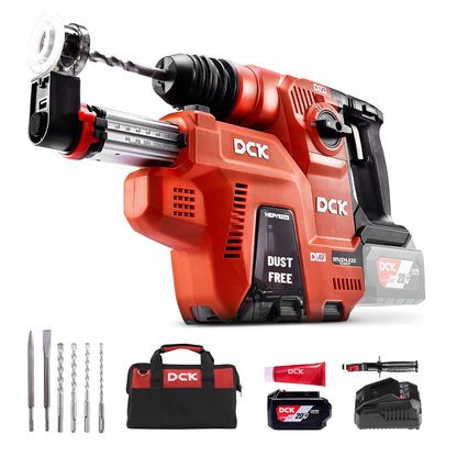 DCK 20V Cordless Rotary Hammer with Dust Collector, 15 in³ Dust Collection Box, 5-Inch Stroke, 2.8J Impact Energy, Brushless SDS Plus Hammer Drill with 6Ah Battery 4A Charger 4 Drill Bits 2 Chisels