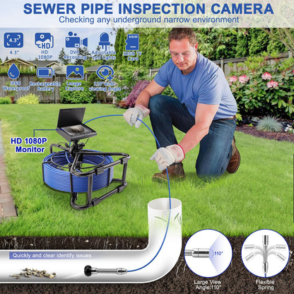 Sewer Camera w/DVR Function, 4.3" HD 1080P Screen Pipeline Inspection Camera, IP68 Waterproof Pipe Plumbing Snake Cam with 32GB Card, for Sewer Line, Home, Duct Drain Pipe Plumbing (50M/165FT)
