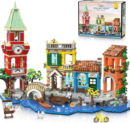 Venice Main Street Building Set for Adults 2155 PCS City House Building Block Kit with Light Flower Shop Pizzeria Christmas Home Decor Architecture Model Gift for Women Men Teen Girl 10+
