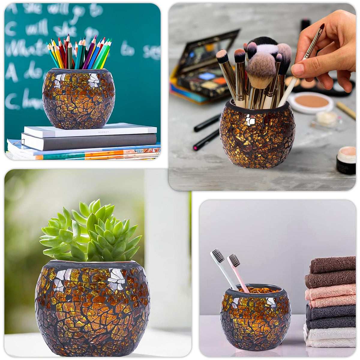 Scented Candle Holder Mosaic Glass Tea Light Holder,Handmade Romantic Glass Tealight Candle Holder for Aromatherapy,Party Décor(NO Candles),Also Used as Vase,Pen Holder,Potted Plants Bowl (Amber)