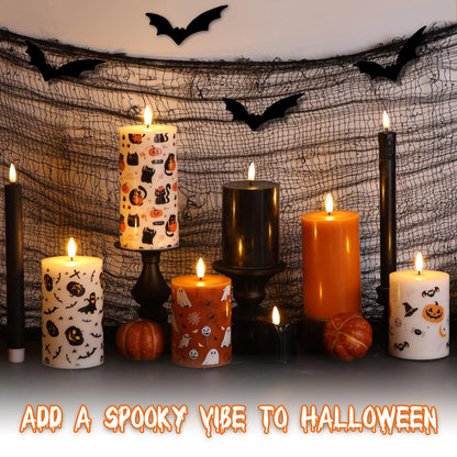 Girimax Burnt Orange Halloween Flameless Pillar Candles with Remote, Ghost LED Wax Candles Battery Operated Set of 3
