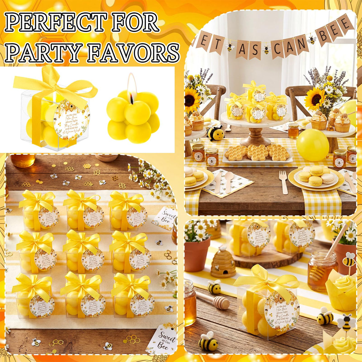 MTLEE 24 Sets Bee Baby Shower Favors Party Candle Small Bubble Candle Baby Shower Favors for Guests Tea Candles Bulk with Stylish Ribbons Cards Gifts (Yellow, Bee)