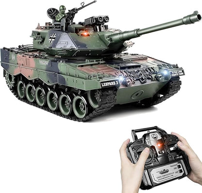 1:18 RC Tank 2.4Ghz German Leopard II Remote Control Tank Model Toys Battle Army Tank 15 Channel with Smoke Light and Sound Military Toy for Adults and Kids That Shoots BBS