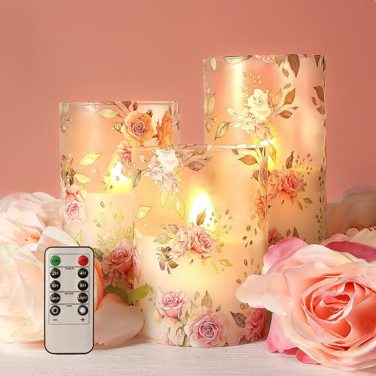 PETRISTRIKE Pink Flameless Candles with Remote Timer, Flickering Glass Candles, Love Themed Decor Battery Led Pillar Candles, Rose Table Ornaments for Mother Gifts,Valentine's Day, Centerpiece