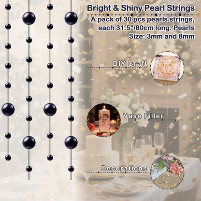 YATOJUZI 30 PCS Artificial Pearl String Black Vase Filler Floating Pearls for Vases Centerpieces Faux Pearl Beads String Decorations Wedding Holiday Party Decor