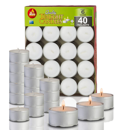 Ner Mitzvah 6 Hour Tea Light Candles - 40 Pack Bulk Package - White Unscented Travel, Centerpiece, Decorative Candle with Maxi Burn Time - Pressed Wax