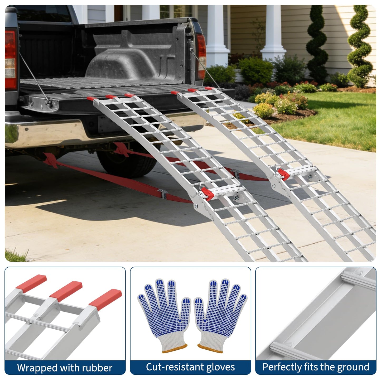 GarveeTech 7.5 Foot Folding Aluminum Motorcycle Ramp 750 LB Capacity Dirt Bike Ramp for Pickup Trucks with Crossbar Rungs and Rubber Tipped Ends 89 x 12 Inch 2 PC