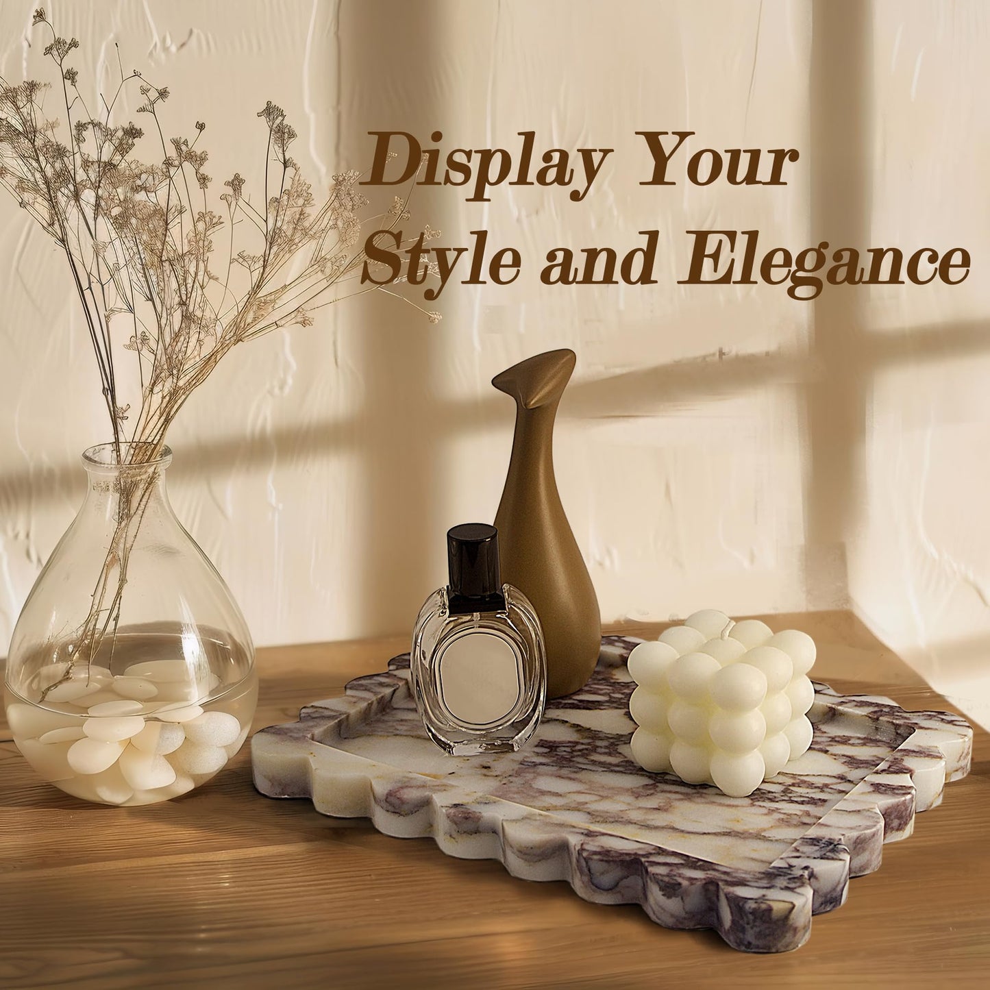 YMXYJM Genuine Scalloped Marble Tray, Real Natural Marble Stone Tray, Luxury Decorative Trays for Bathroom, Dresser, Vanity, Kitchen, Home Decor, 10.6" x 8", Calacatta Gray