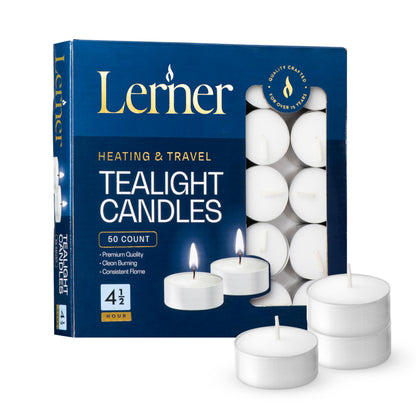 Lerner Tealight Candles, 50 Count| 4.5 Hours Long-Burning White Tea Light Candles| Non-Toxic, Smokeless & Soot-Free Tea Light Warmer Candles | Unscented Party, Décor, Shabbat Tea Candles