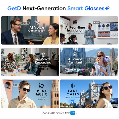 GetD 2026 AI Smart Glasses for Men & Women - Powered by ChatGPT with Real-Time 145-Language Translation, 11H Music/9H Calls, Electro-Gray Translucency & Blue Light Blocking for Travel and Daily Use