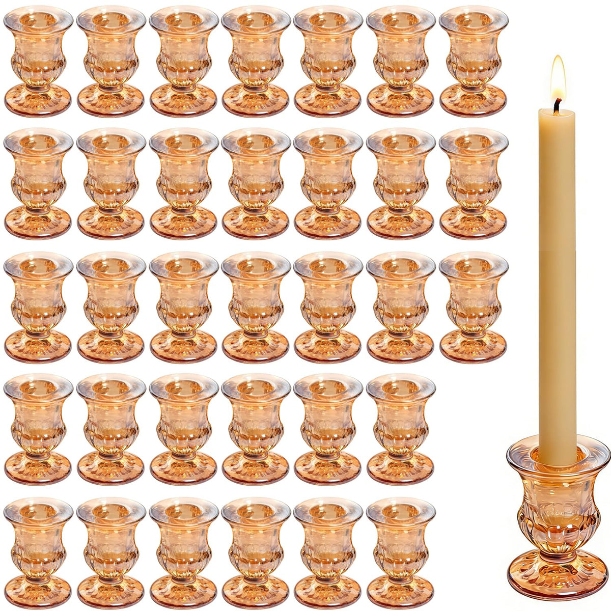48 Pcs Clear Glass Taper Candle Holders Bulk, 2.5 Inch Small Candlestick Stands, Elegant Table Centerpieces for Wedding, Christmas, Valentine’s Day, Party, Home and Dining Room Decorations (Amber)