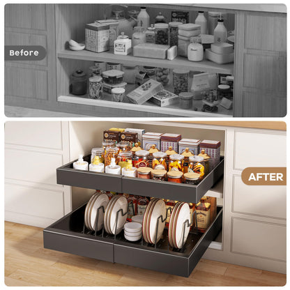 Seinloes 6 Pack Pull out Cabinet Organizer 21"Deep with Raising Pad for Framed Cabinets, Expandable Slide out Drawers for Kitchen Cabinets with 6pcs Divider Racks, Roll out Shelves 12.1"-20.4" W Black