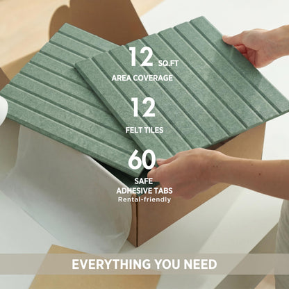 VIVELDA Felt Bulletin Board Tiles 48"x36" - 12-Pack Cork Board Alternative, OEKO-TEX Certified, NRC 0.95 Acoustic Felt Wall Panels, Damage-Free Adhesive, Slatted Design, Home Office & Classroom (Palm)