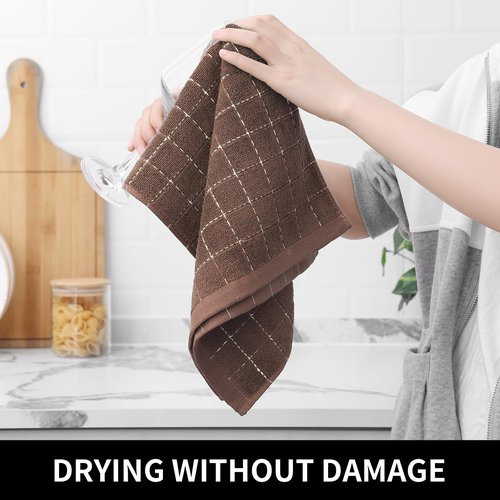 Homaxy 100% Cotton Terry Kitchen Towels(Brown, 13 x 28 inches), Checkered Designed, Soft and Super Absorbent Dish Towels, 6 Pack