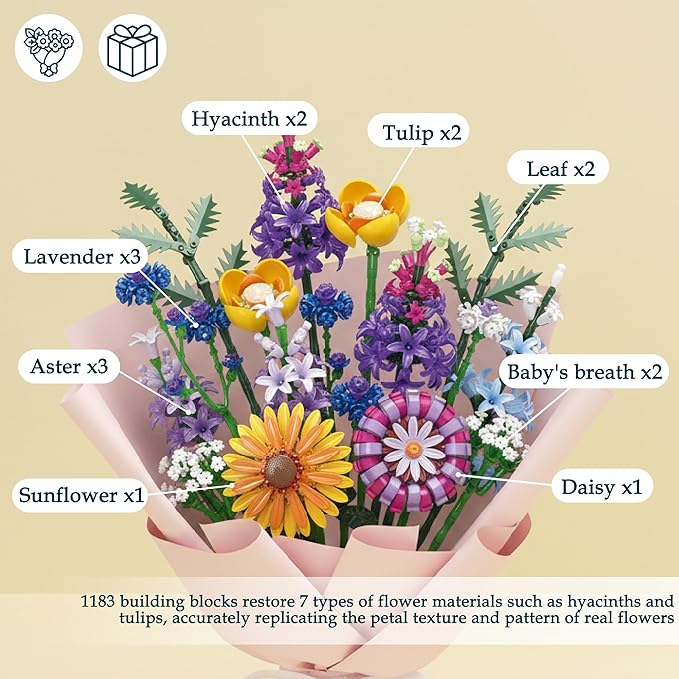 Artificial Botanical Flower Bouquet Building Blocks Set 1183Pcs DIY Wildflower &amp Tropical Flower Home Office Desk Decor Gift for 14+ Girls Women Teens Birthday Mother's Day Christmas Anniversar