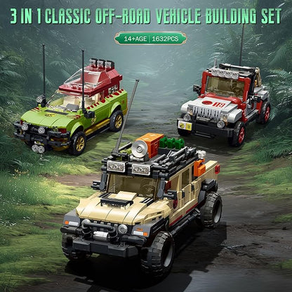 3 in 1 Classic Off-Road Vehicle Building Block Sets 1632 Pcs Off Road Cars DIY Model Kit Collectible and Display ORV Building Toys Creative Birthday Gifts for Adults Teens 14+