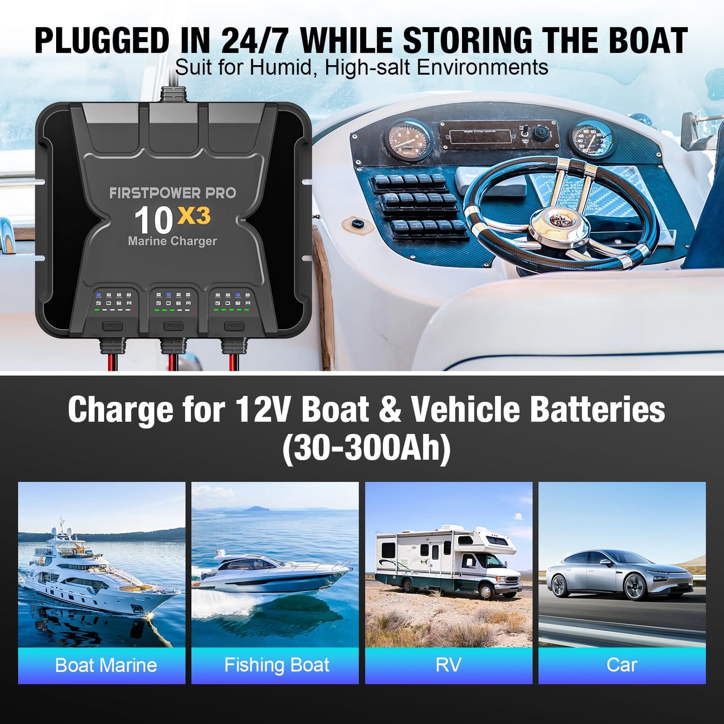 Upgraded 3 Bank Marine Battery Charger 10X3, 30A (10A/Bank) - 12V Waterproof Onboard Battery Charger, Battery Maintainer & Desulfator for SLA/AGM, Lithium (LiFePO4), Calcium & Deep-Cycle Battery