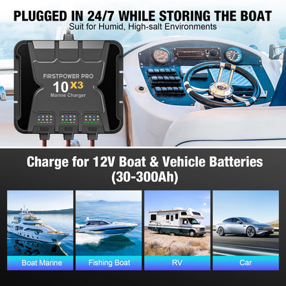 Upgraded 3 Bank Marine Battery Charger 10X3, 30A (10A/Bank) - 12V Waterproof Onboard Battery Charger, Battery Maintainer & Desulfator for SLA/AGM, Lithium (LiFePO4), Calcium & Deep-Cycle Battery