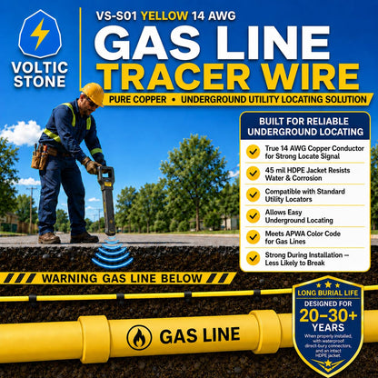 Voltic Stone 14 AWG Yellow Gas Line Tracer Wire, True Gauge 100% Solid Copper Direct Burial Underground Locating Cable, 30/600V Rated, HDPE Jacket, Corrosion-Resistant for Natural Gas & Propane