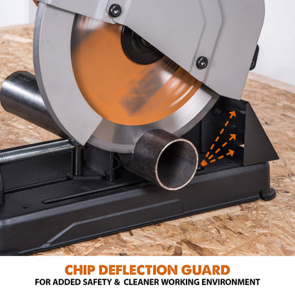 Evolution Power Tools R355CPS 14-Inch Chop Saw Multi Purpose, Multi-Material Cutting Cuts Metal, Plastic, Wood & More Miter Cut up to 45˚ Degrees TCT Blade Included