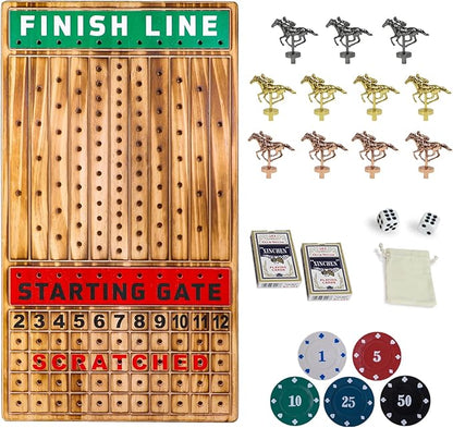 Large 21 inches Horse Racing Board Game with 11 Luxury Metal Horses Thickened Wood Horse Race Game Board with 2 Sets of Dice2 Boxes of Cards and 100 Poker Chips for Parties and Gambling