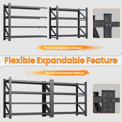 79”W Garage Shelving Heavy Duty, 6000LBS Metal Storage Shelves, 24” Deep Storage rack shelf, Steel Tall Industrial Shelving , 4 Tier Adjustable Standing Shelf for Warehouse / Shop 79"W x 24"D x 79"H