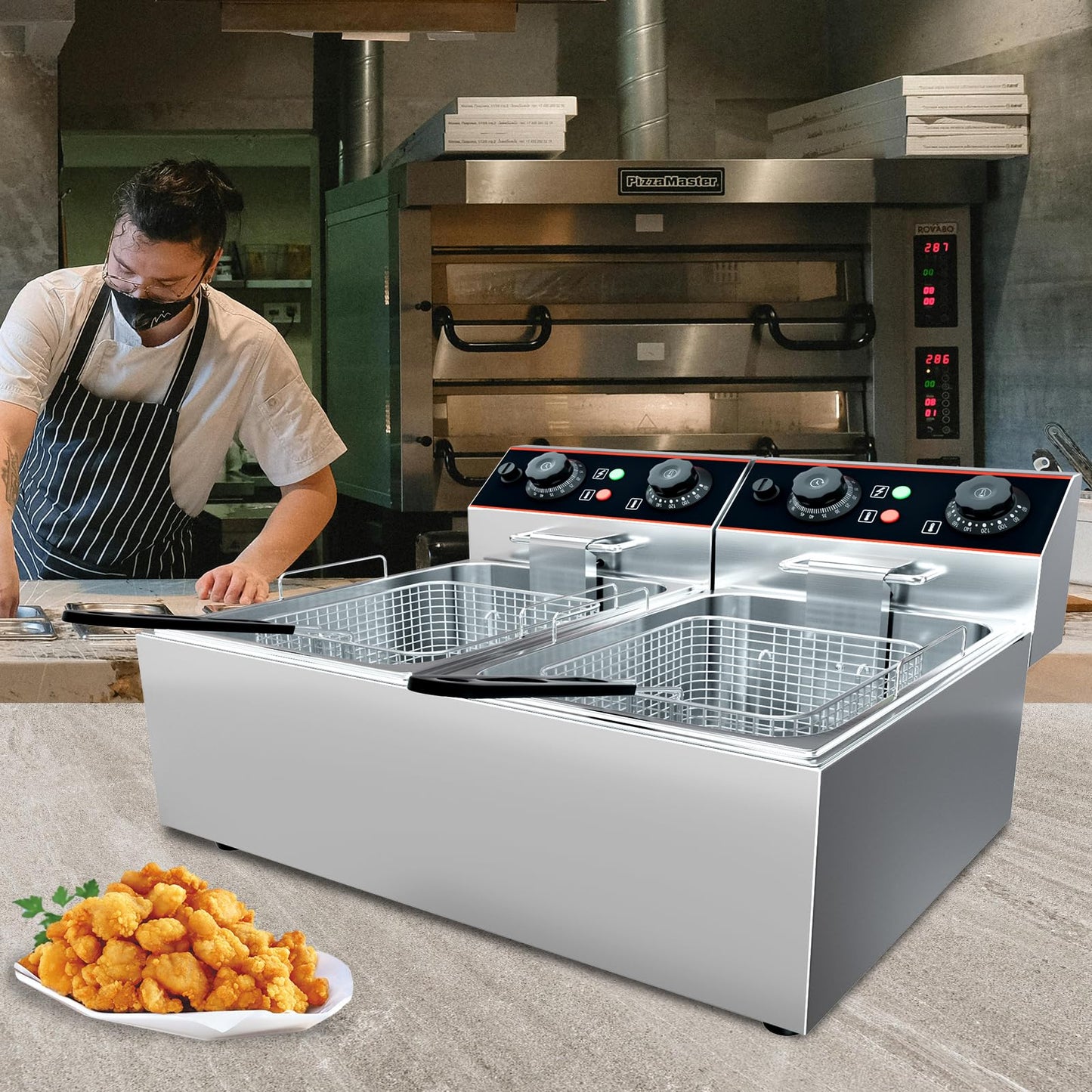 23 QT Commercial Deep Fryer with Double Baskets and Lid, Electric Stainless Steel Countertop Commercial Oil Fryer, Adjustable Temperature Control, for Kitchen and Restaurant