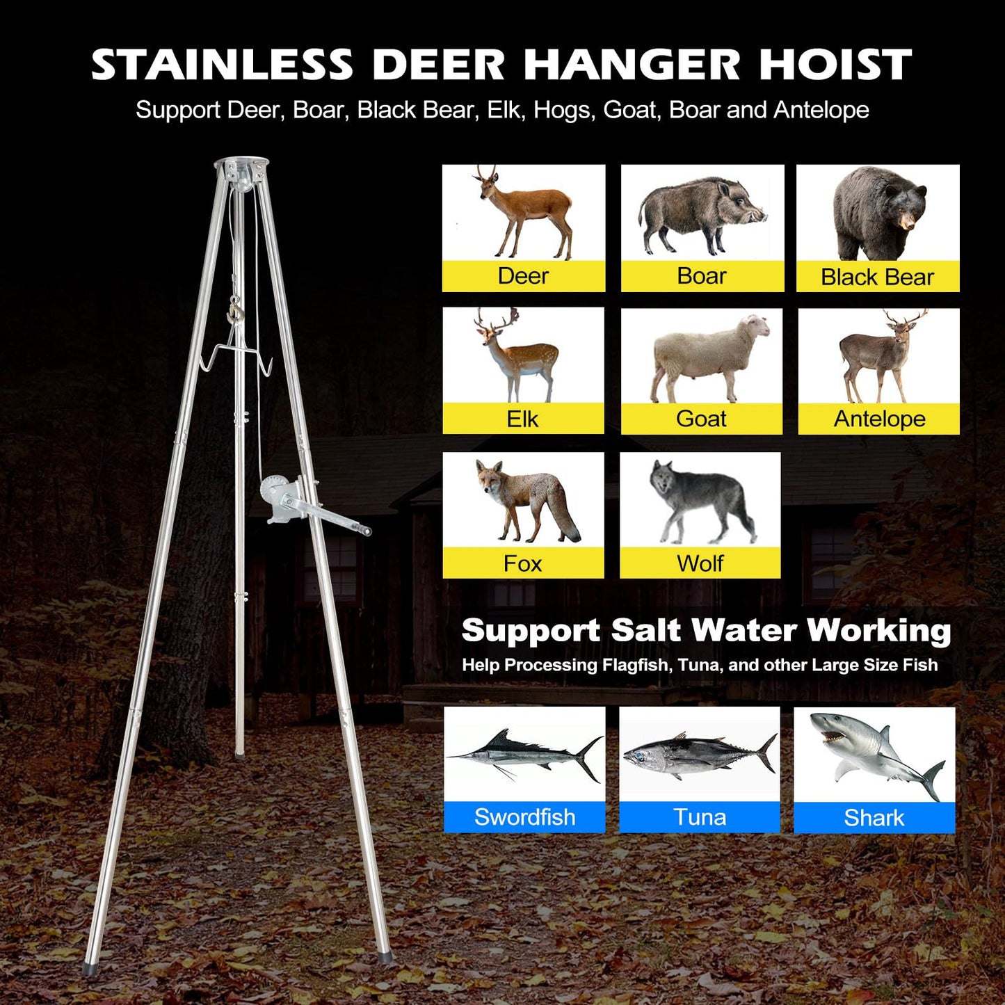 Smarkey Deer Game Hoist Tripod Deer Hanger Stainless Steel Rack Stand for Hunting Processing Cleaning Hide Skinning with 500lb Capacity Gambrel and Manual Winch - Heavy Duty