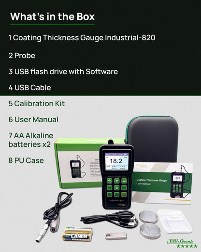 Coating Thickness Gauge Industrial-820 – 0–1500µm (0–59 mils) Dual F/N Probe, USB PC Data Export, 500 Data Groups, Statistics Mode, Alarm Limits, Industrial & Automotive Inspection