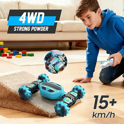 Gesture Sensing RC Stunt Car for Boys 8-12 - Gifts Toy for Kids4WD Remote Control 360° RotatingTransform Hand ControlledBirthday Presents for Boy Age 8 9 10 11 12(Sky Blue)