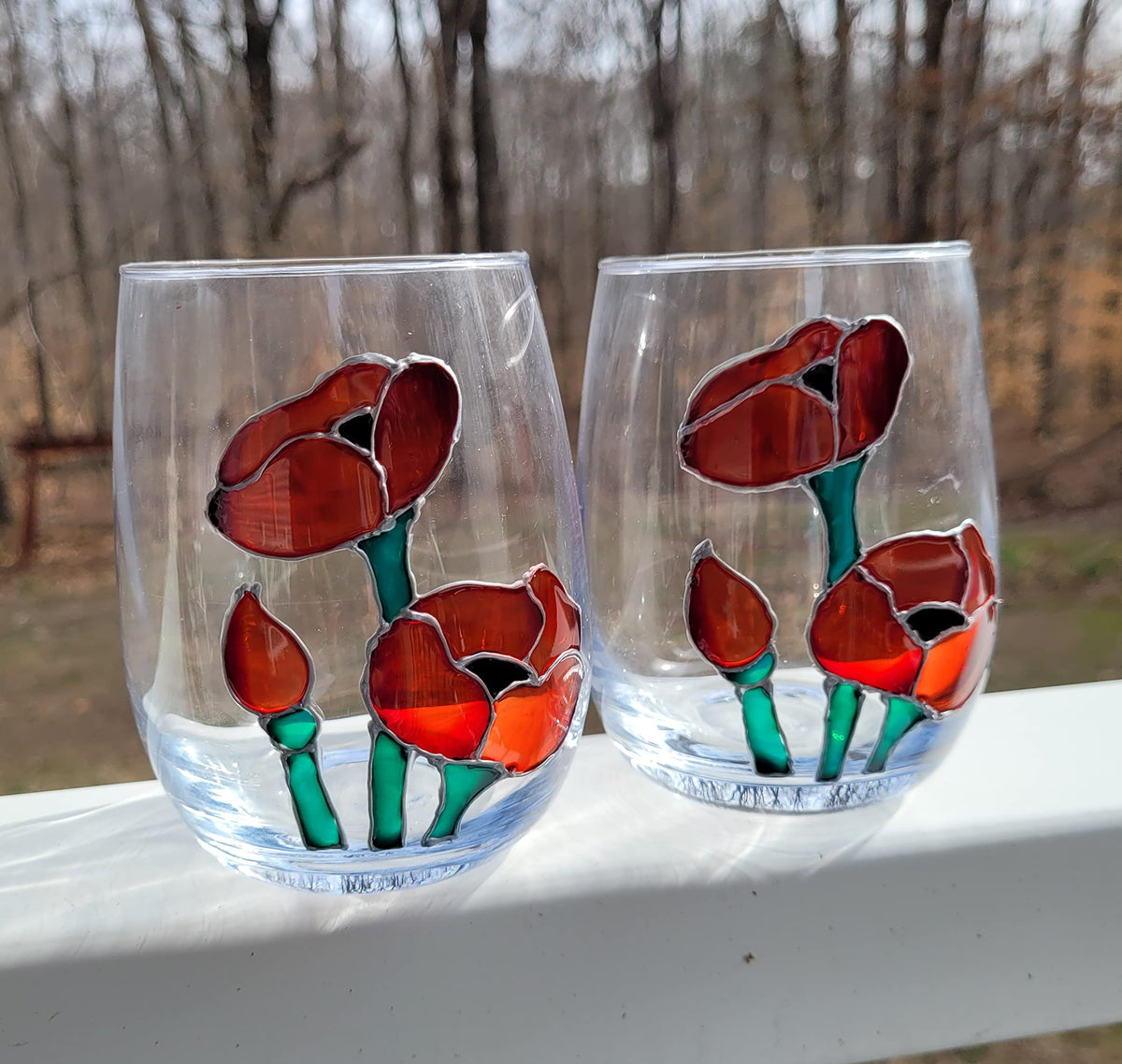 Red Poppy Flowers Hand Painted Stemless Wine Glasses Set 2