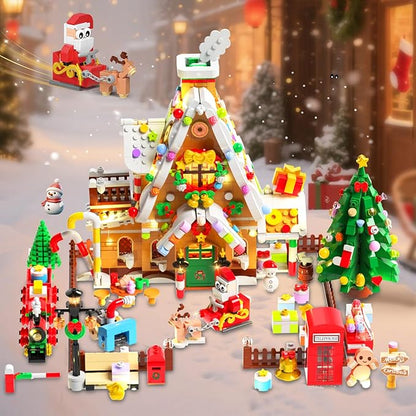 2025 Christmas Gingerbread House Courtyard Mini Building Set with Lights Christmas Village Building Block Toy with Santa Xmas Tree Holiday Train Gift for Adults Boys Girls 14+ (1763PCS)