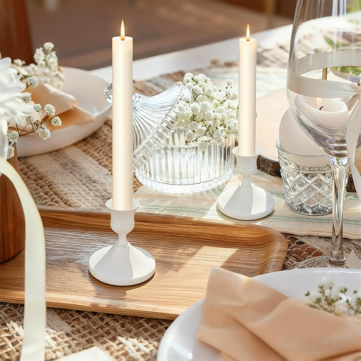 Candle Holders White Set of 6, Vintage Metal Candlestick Holders for Dinner Room Table Centerpiece, Low Metal Candles Sticks for Wedding Centerpieces Christmas Birthday Party