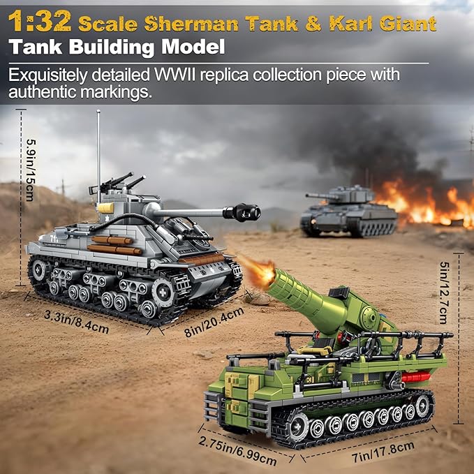 WW2 Building Block Army Tank-Kit for Boys Men 1:32 Movable US Sherman &amp GE Karl Mortar Military Toys for Kids Ages 8+ Mini Cannon Vehicle Model History Birthday Gifts for Teen Girls 1117 Pieces