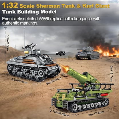WW2 Building Block Army Tank-Kit for Boys Men 1:32 Movable US Sherman &amp GE Karl Mortar Military Toys for Kids Ages 8+ Mini Cannon Vehicle Model History Birthday Gifts for Teen Girls 1117 Pieces
