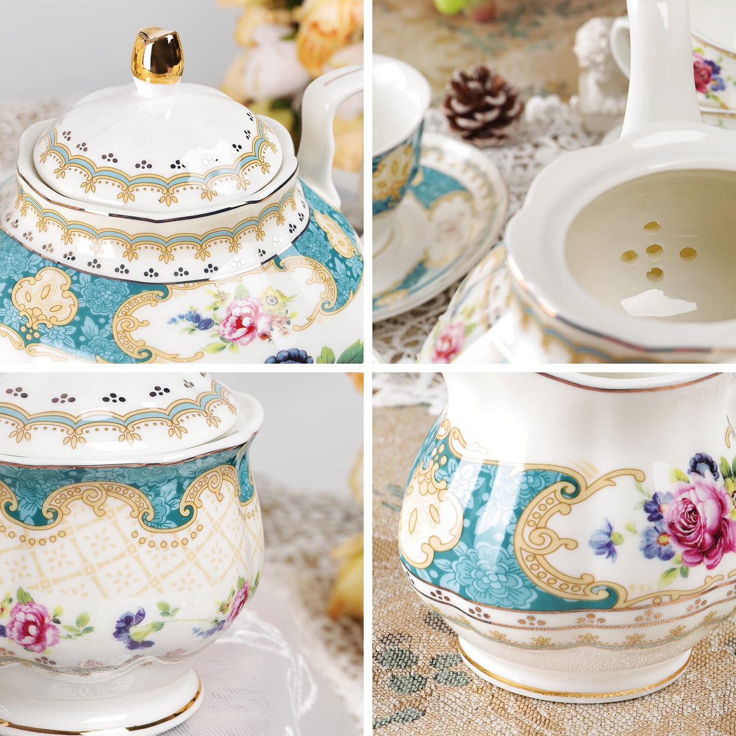 fanquare 21 Piece Floral Porcelain Tea Set, British Tea Cup and Saucer Set for 6, Tea Party Set for Women, Blue Roses