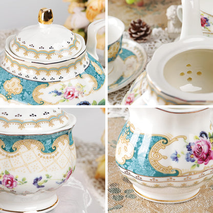 fanquare 21 Piece Floral Porcelain Tea Set, British Tea Cup and Saucer Set for 6, Tea Party Set for Women, Blue Roses
