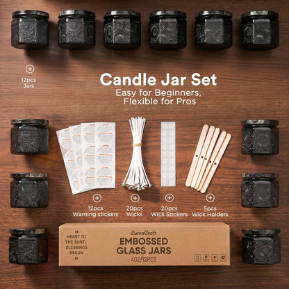 12 Pack 4oz Glass Candle Jars with Lids, Hexagon Embossed Candle Making Containers, Empty Candle Jars with 20 Wicks & Labels for DIY Candle Making, Party Favors, Home Decor