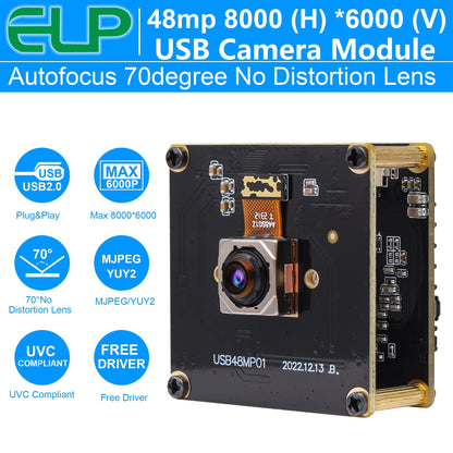 ELP 48MP Fast Autofocus USB Camera Module with 70degree No Distortion Lens for Computer Mini UVC USB2.0 Industrial Webcam Board 8000 * 6000 USB with Camera for Laptop PC Raspberry pi Jetson Nano