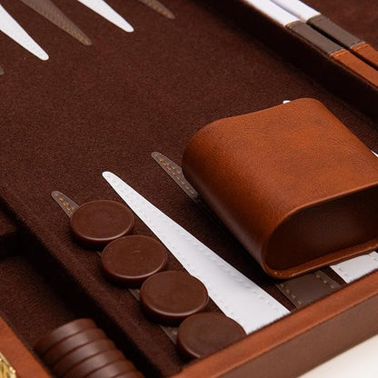 Backgammon Board Game Deluxe Leather Like Case Felt Interior Brown Classic Backgammon Game Popular Board Game Board Games (Large (18))