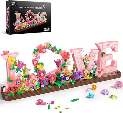 Love and Flowers Building Set for Adults 791 PCS Letter Brick Art Pink Flower Blocks for Home Décor Gift for Kids Birthday Valentine’s Day Mother's Day Confessing Love for Her or Him